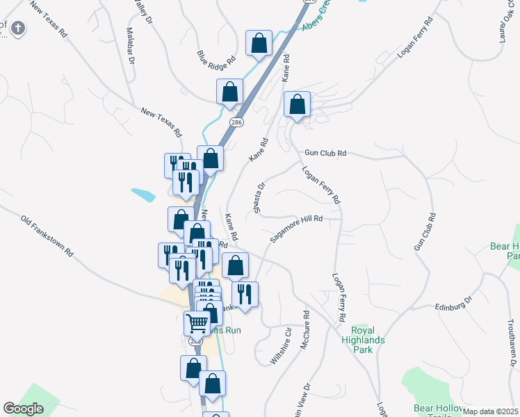 map of restaurants, bars, coffee shops, grocery stores, and more near 244 Shasta Drive in Pittsburgh