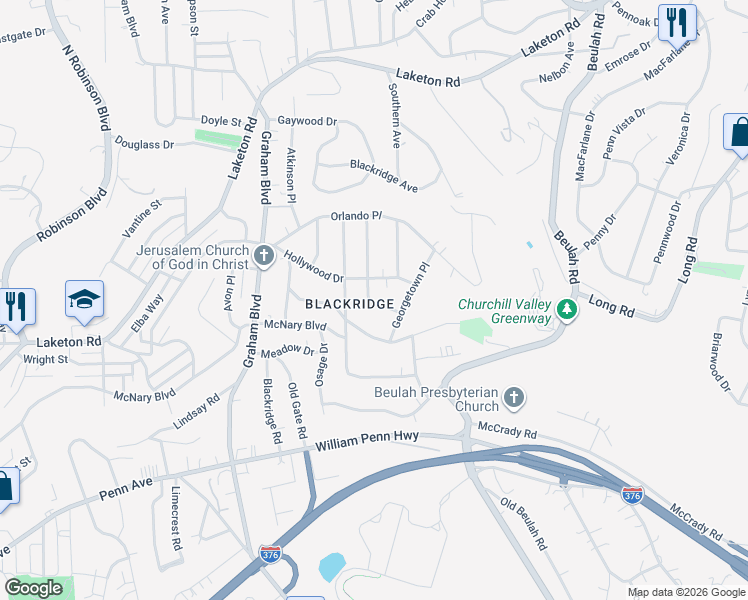 map of restaurants, bars, coffee shops, grocery stores, and more near 1644 Jamestown Place in Pittsburgh
