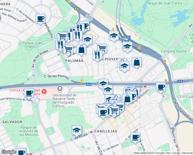 map of restaurants, bars, coffee shops, grocery stores, and more near 12 Calle de las Peonías in Madrid