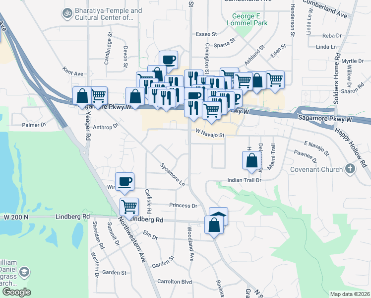 map of restaurants, bars, coffee shops, grocery stores, and more near 2201 North Salisbury Street in West Lafayette