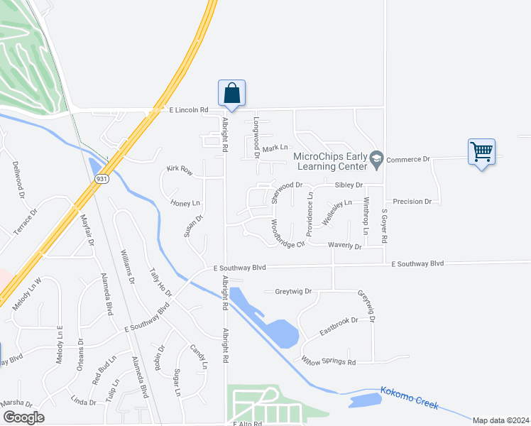 map of restaurants, bars, coffee shops, grocery stores, and more near 3114 Cricket Hill Drive in Kokomo