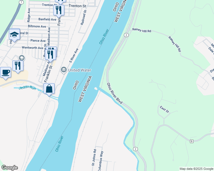 map of restaurants, bars, coffee shops, grocery stores, and more near State Highway 2 in New Cumberland