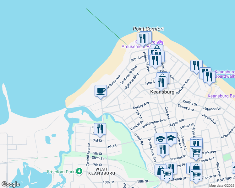map of restaurants, bars, coffee shops, grocery stores, and more near 135 Highland Boulevard in Keansburg
