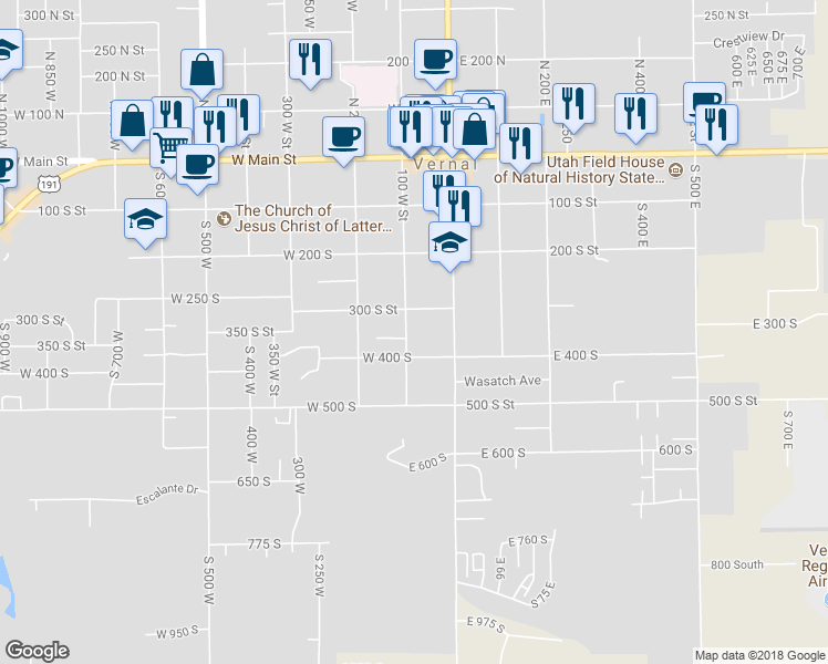 map of restaurants, bars, coffee shops, grocery stores, and more near 361 South 100 West in Vernal