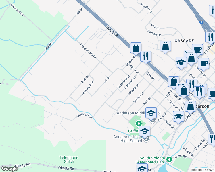 map of restaurants, bars, coffee shops, grocery stores, and more near 1600 Diamond Street in Anderson