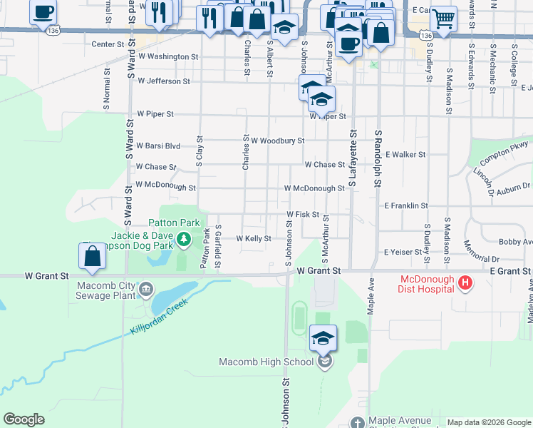 map of restaurants, bars, coffee shops, grocery stores, and more near 399 W Fisk St in Macomb