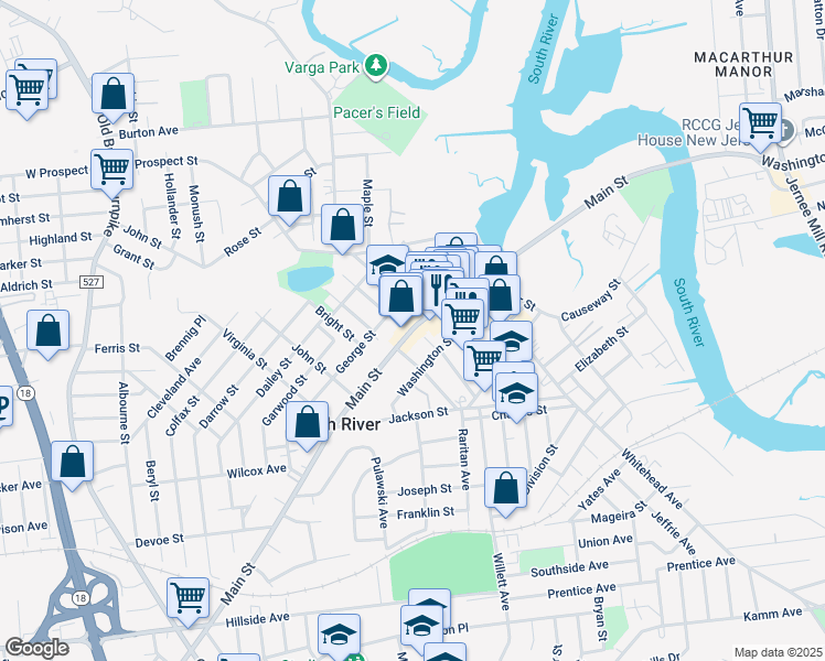 map of restaurants, bars, coffee shops, grocery stores, and more near 68 Main Street in South River