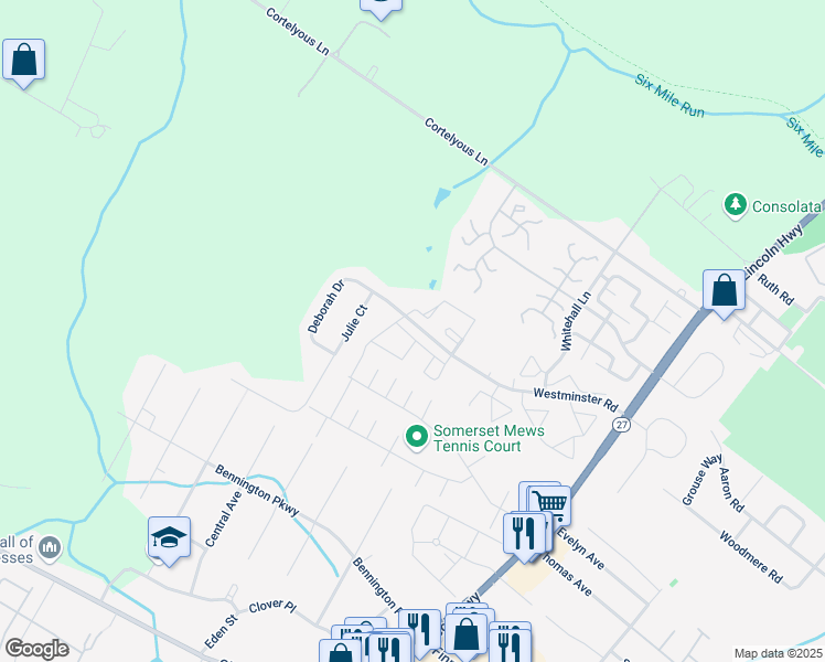 map of restaurants, bars, coffee shops, grocery stores, and more near 15 Mindy Drive in Franklin Township