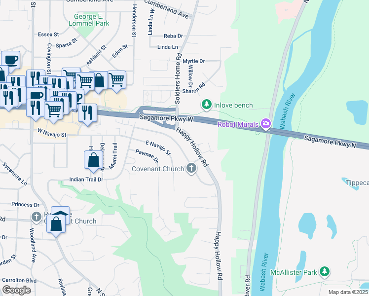map of restaurants, bars, coffee shops, grocery stores, and more near 144 Knox Dr in West Lafayette