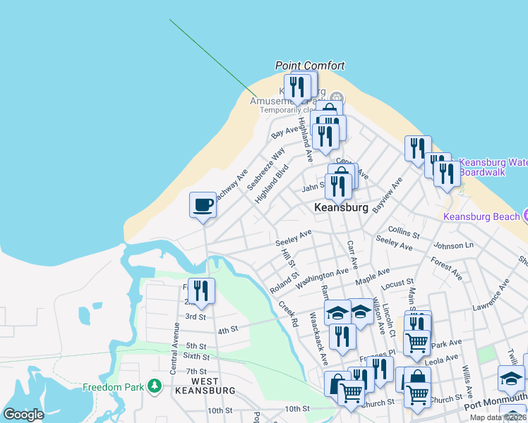 map of restaurants, bars, coffee shops, grocery stores, and more near 21 Saint James Place in Keansburg