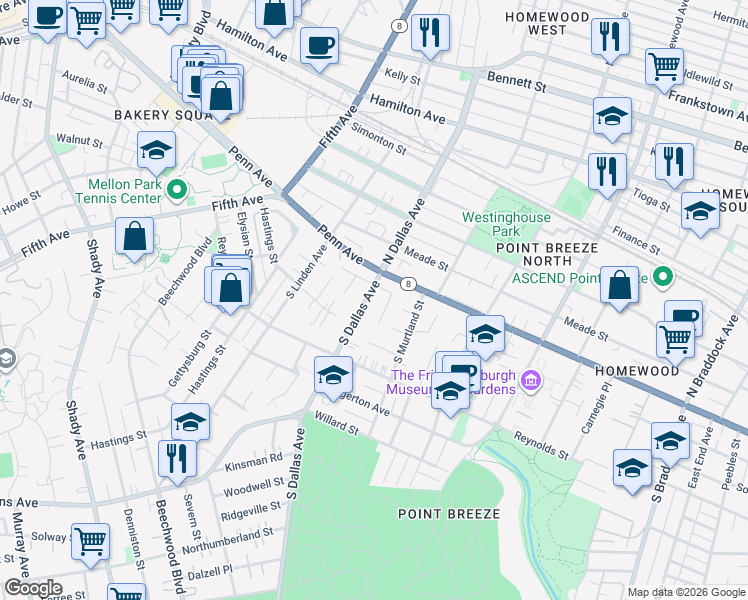 map of restaurants, bars, coffee shops, grocery stores, and more near 118 Yorkshire Drive in Pittsburgh