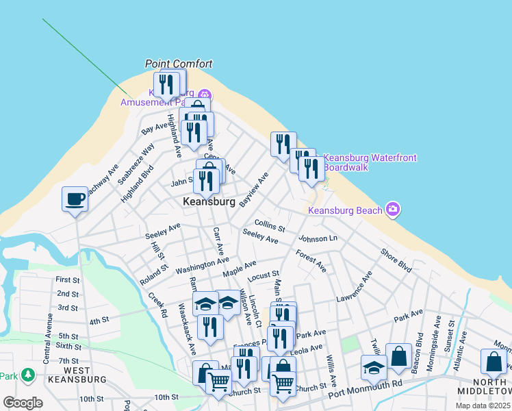 map of restaurants, bars, coffee shops, grocery stores, and more near 61 Pine View Avenue in Keansburg