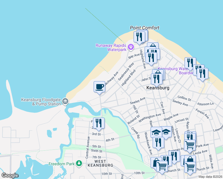 map of restaurants, bars, coffee shops, grocery stores, and more near 135 Highland Boulevard in Keansburg
