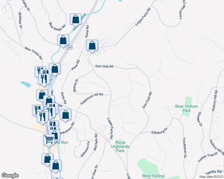 map of restaurants, bars, coffee shops, grocery stores, and more near 3807 Logan Ferry Road in Pittsburgh