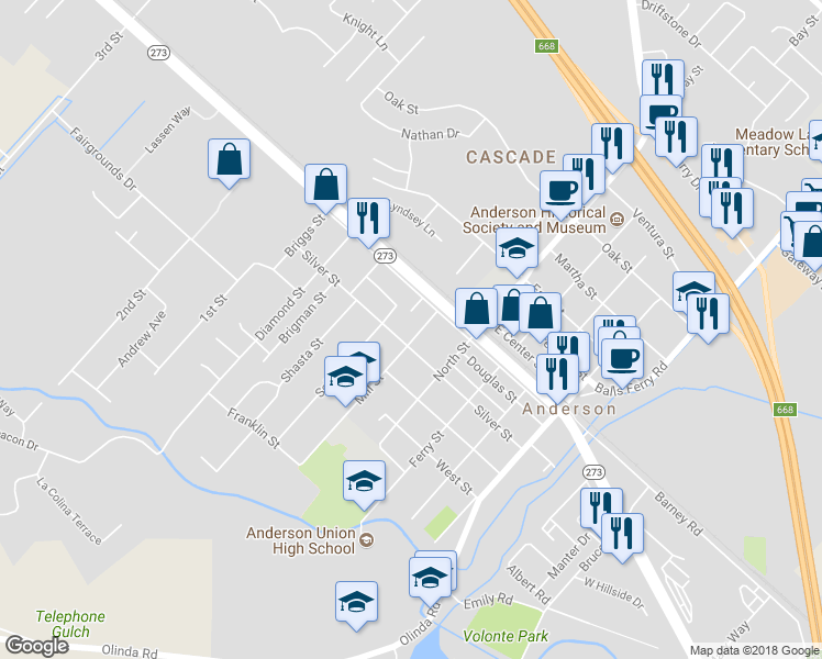 map of restaurants, bars, coffee shops, grocery stores, and more near 1884 Mill Street in Anderson