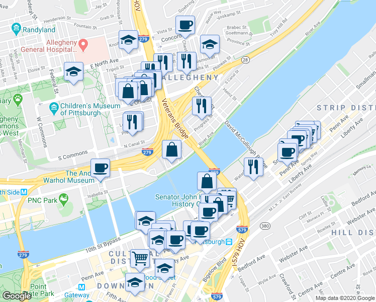 map of restaurants, bars, coffee shops, grocery stores, and more near 810 River Avenue in Pittsburgh