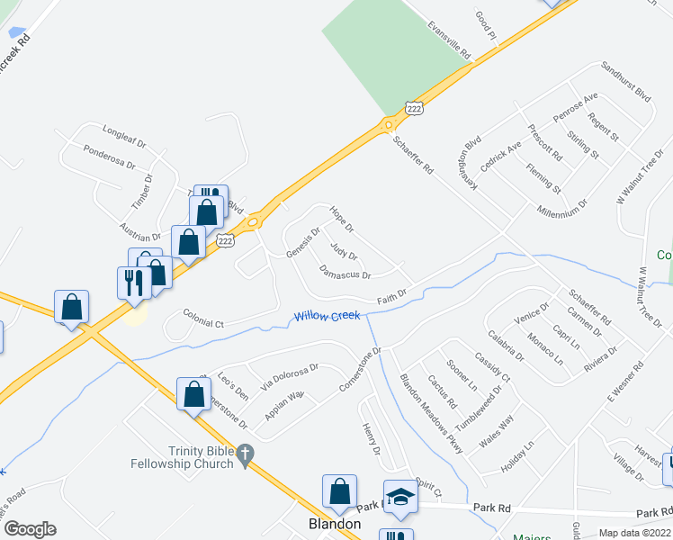 map of restaurants, bars, coffee shops, grocery stores, and more near 105 Damascus Drive in Blandon