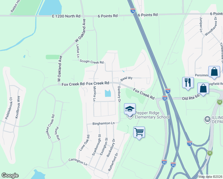 map of restaurants, bars, coffee shops, grocery stores, and more near 2401 Savanna Road in Bloomington