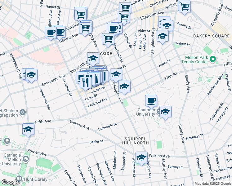 map of restaurants, bars, coffee shops, grocery stores, and more near 5619 Kentucky Avenue in Pittsburgh