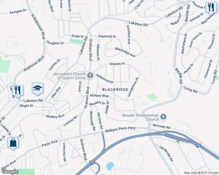 map of restaurants, bars, coffee shops, grocery stores, and more near 1617 Williamsburg Place in Pittsburgh