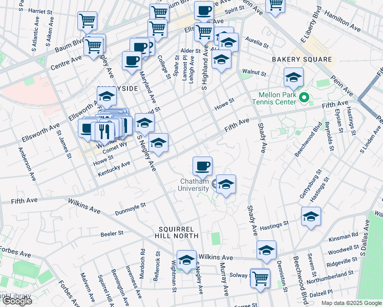 map of restaurants, bars, coffee shops, grocery stores, and more near 5830 Fifth Avenue in Pittsburgh