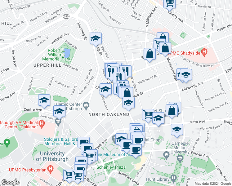 map of restaurants, bars, coffee shops, grocery stores, and more near 225 North Craig Street in Pittsburgh