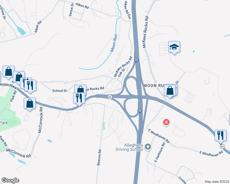 map of restaurants, bars, coffee shops, grocery stores, and more near 1467 Old Steubenville Pike in Pittsburgh