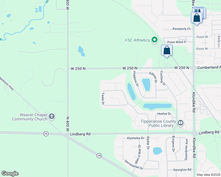 map of restaurants, bars, coffee shops, grocery stores, and more near 3726 Tesla Drive in West Lafayette