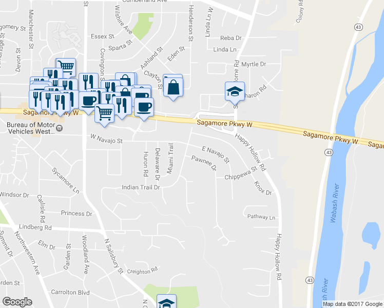 map of restaurants, bars, coffee shops, grocery stores, and more near 104 Pawnee Drive in West Lafayette