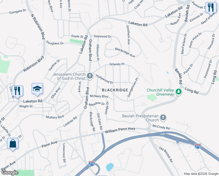 map of restaurants, bars, coffee shops, grocery stores, and more near 1617 Williamsburg Place in Pittsburgh