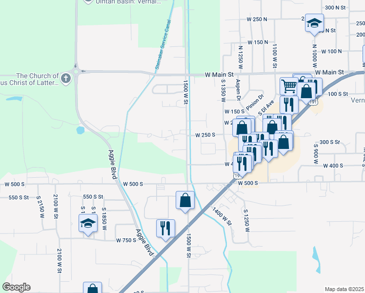 map of restaurants, bars, coffee shops, grocery stores, and more near 354 South 1500 West in Vernal