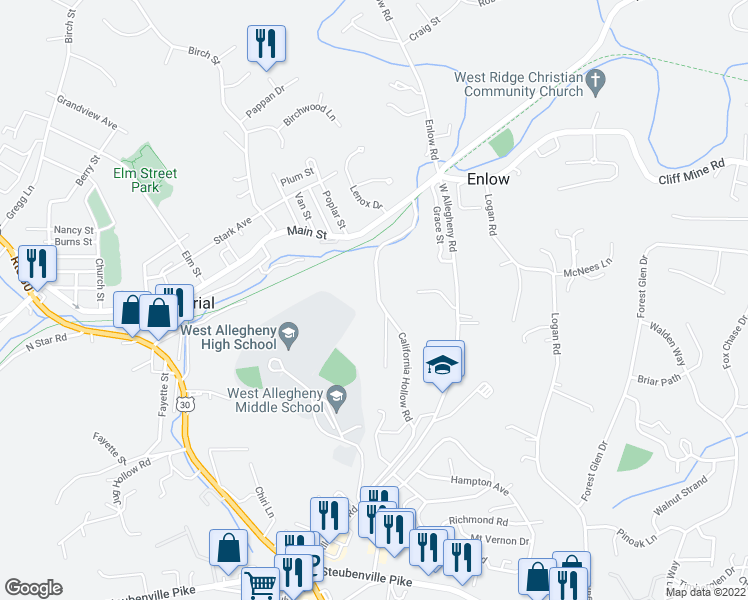 map of restaurants, bars, coffee shops, grocery stores, and more near 505 California Hollow Road in Imperial