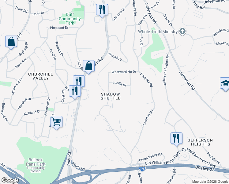 map of restaurants, bars, coffee shops, grocery stores, and more near 615 Horizon View Drive in Pittsburgh