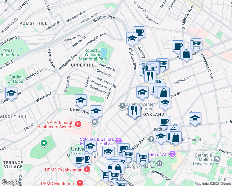map of restaurants, bars, coffee shops, grocery stores, and more near 3110 Iowa Street in Pittsburgh