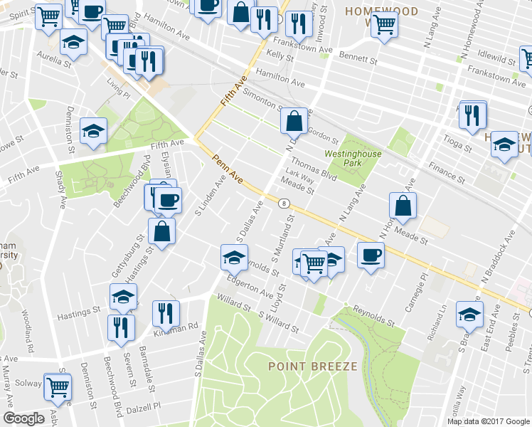 map of restaurants, bars, coffee shops, grocery stores, and more near 118 Yorkshire Drive in Pittsburgh