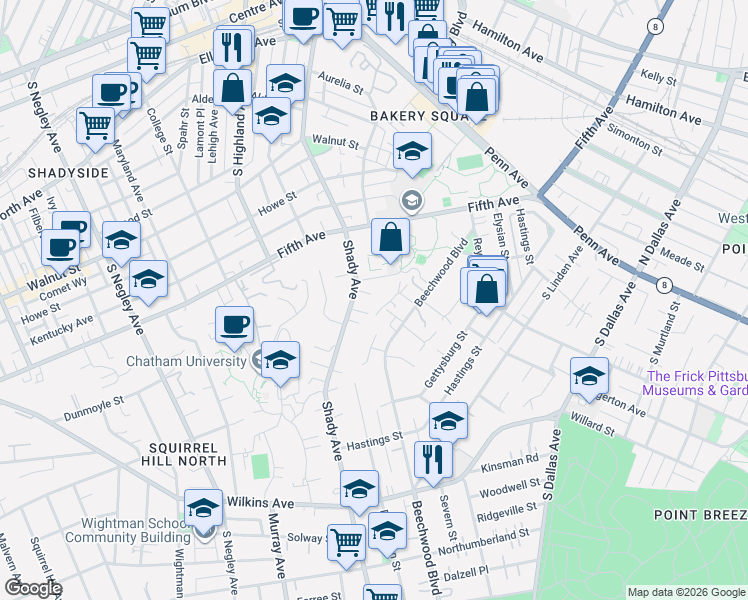 map of restaurants, bars, coffee shops, grocery stores, and more near 1085 Shady Avenue in Pittsburgh