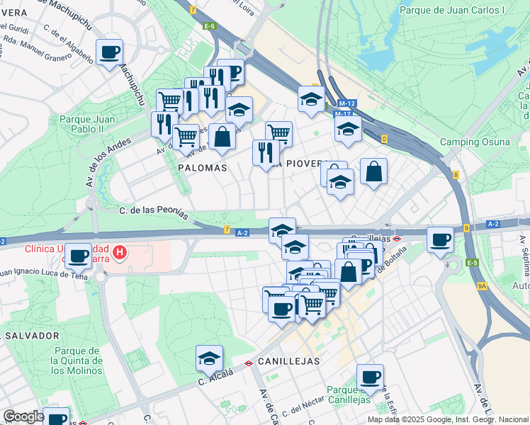 map of restaurants, bars, coffee shops, grocery stores, and more near 12 Calle de las Peonías in Madrid