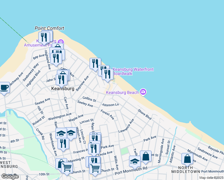 map of restaurants, bars, coffee shops, grocery stores, and more near 23 Seaside Place in Keansburg