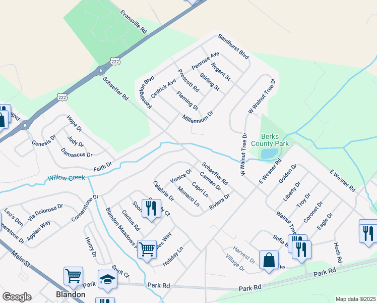 map of restaurants, bars, coffee shops, grocery stores, and more near 335 Schaeffer Road in Blandon