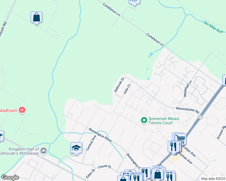map of restaurants, bars, coffee shops, grocery stores, and more near 24 Deborah Drive in Franklin Township