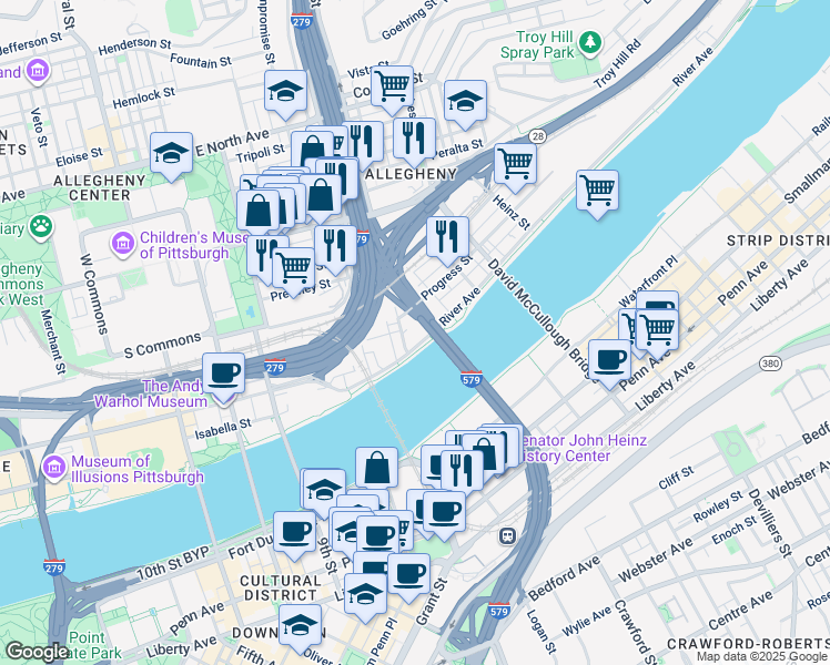 map of restaurants, bars, coffee shops, grocery stores, and more near 810 River Avenue in Pittsburgh