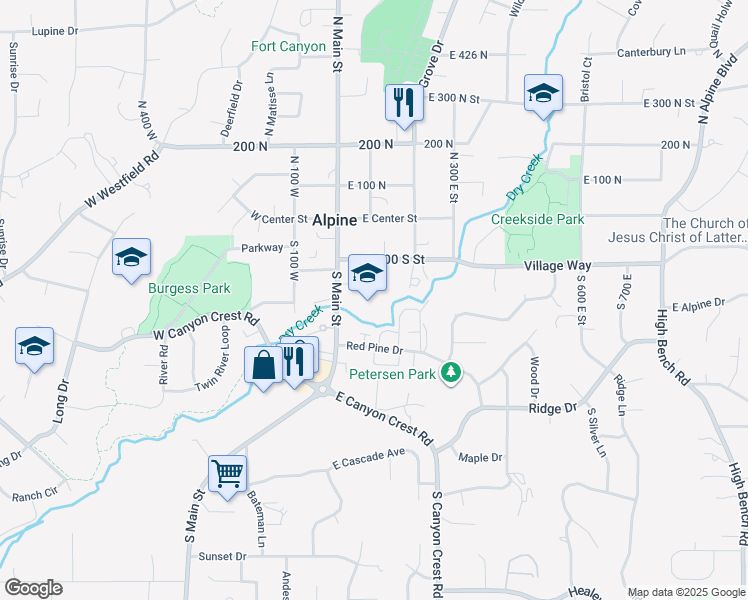 map of restaurants, bars, coffee shops, grocery stores, and more near 195 South Main Street in Alpine
