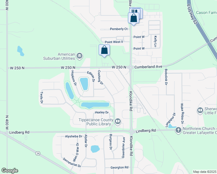 map of restaurants, bars, coffee shops, grocery stores, and more near 2339 Cushing Drive in West Lafayette