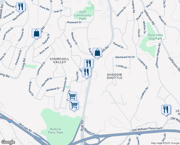 map of restaurants, bars, coffee shops, grocery stores, and more near 540 Rodi Road in Pittsburgh