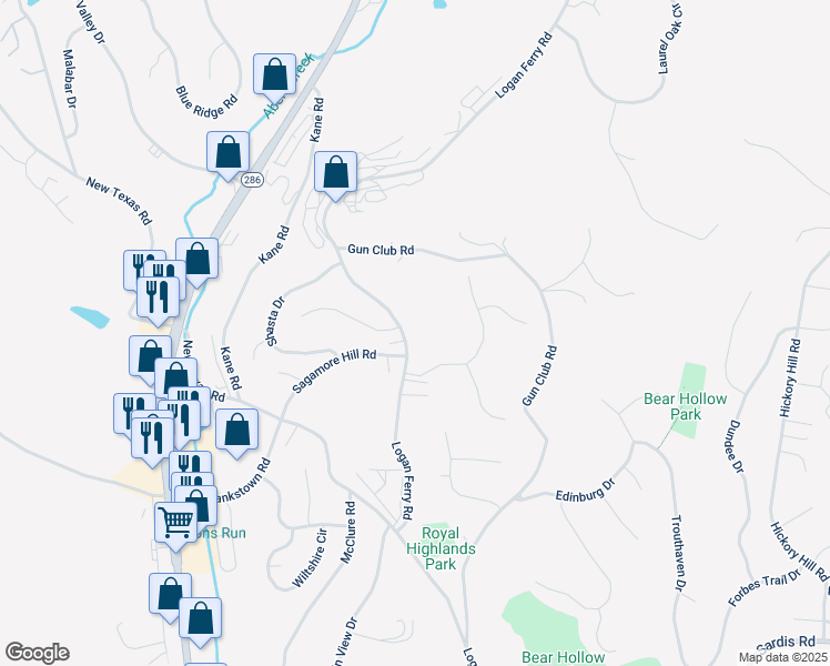 map of restaurants, bars, coffee shops, grocery stores, and more near 3807 Logans Ferry Rd in Pittsburgh