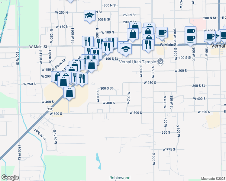 map of restaurants, bars, coffee shops, grocery stores, and more near 322 South 800 West in Vernal
