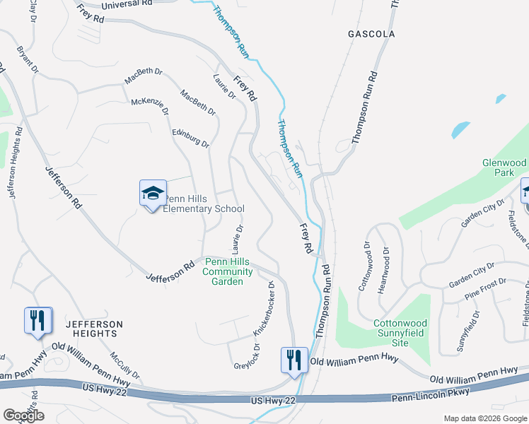map of restaurants, bars, coffee shops, grocery stores, and more near 177 McAlister Drive in Pittsburgh