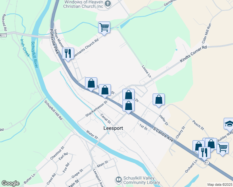 map of restaurants, bars, coffee shops, grocery stores, and more near 103 Spring Garden Street in Leesport