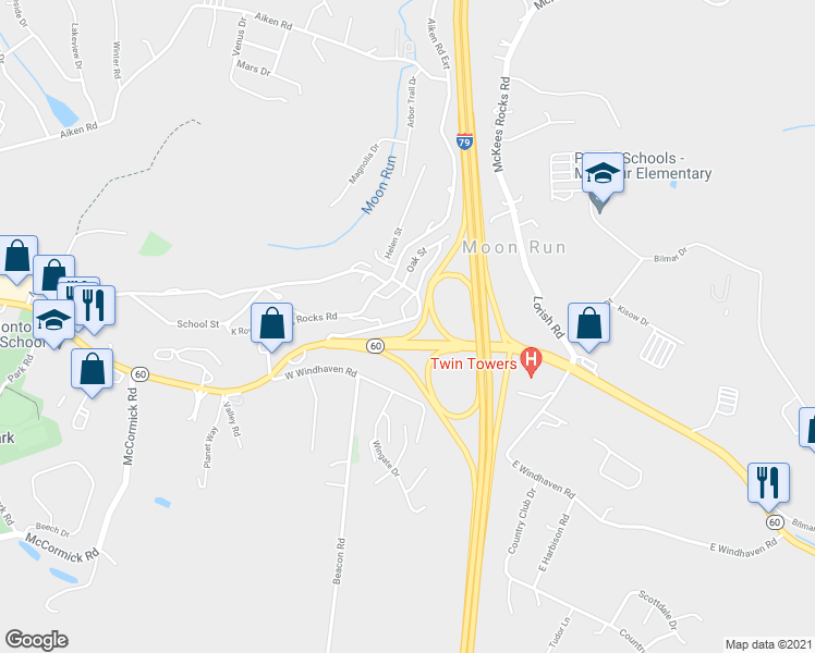 map of restaurants, bars, coffee shops, grocery stores, and more near 1461 Old Steubenville Pike in Pittsburgh