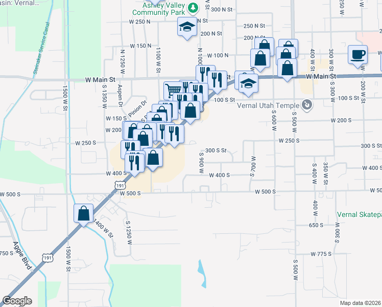 map of restaurants, bars, coffee shops, grocery stores, and more near 1551 West 300 South in Vernal